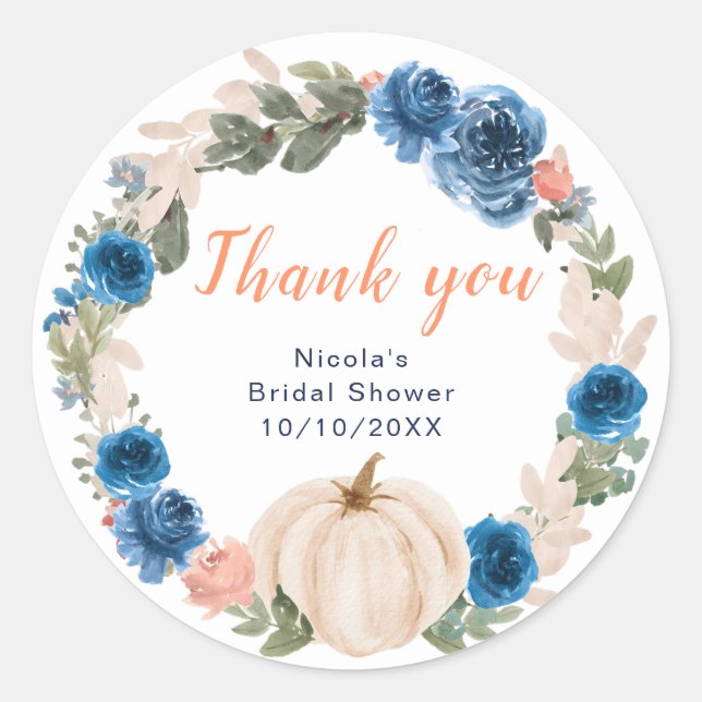 Navy and Blush Pumpkins Bridal Shower Thank You Classic Round Sticker (Front)