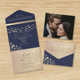 Navy and Blush String Lights Wedding All In One Invitation