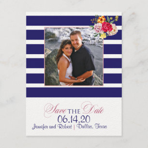 Navy and Blush Stripe Flower Wedding Save the Date