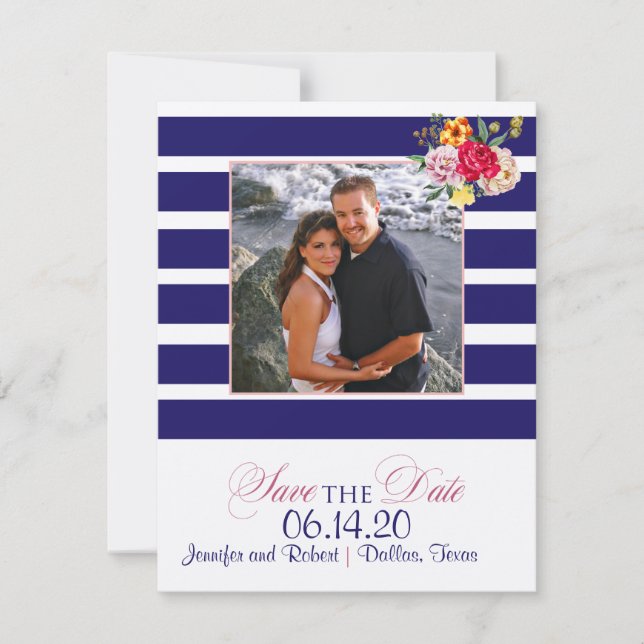 Navy and Blush Stripe Flower Wedding Save the Date (Front)
