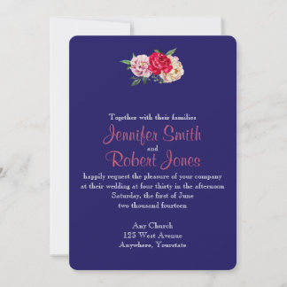 Navy and Blush Stripes Flowers Wedding Invitation
