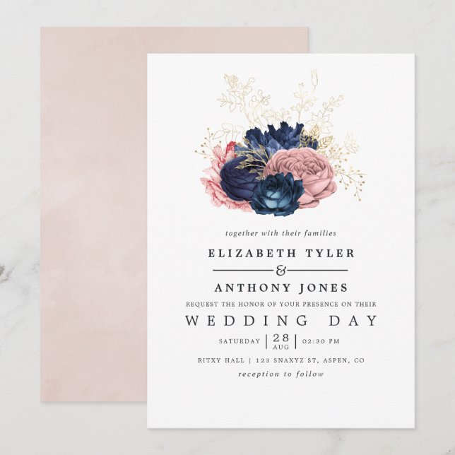 Navy and Blush Vintage Roses Wedding Invitation (Front/Back)