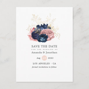 Navy and Blush Vintage Roses Wedding Save the Date Announcement Postcard