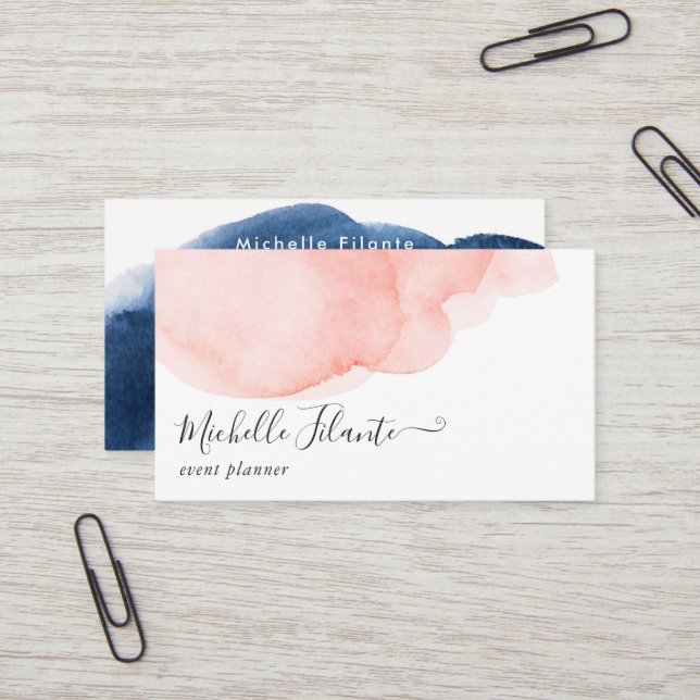 Navy and Blush Watercolor Business Card (Front/Back In Situ)