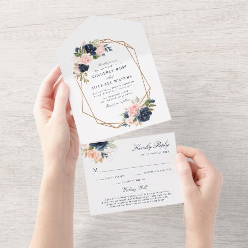 Navy and blush watercolor floral geometric wedding all in one invitation