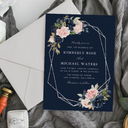 Navy and blush watercolor floral silver wedding invitation