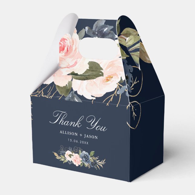 navy and blush watercolor floral wedding favor box (Front Side)