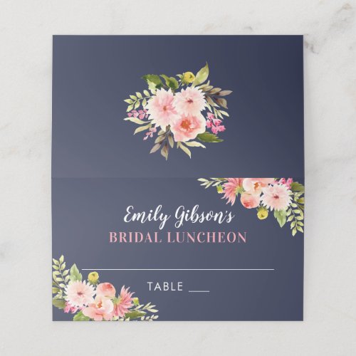 Navy and Blush Watercolor Flowers Bridal Luncheon Place Card