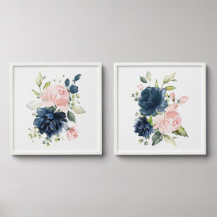 Navy and Blush Watercolor Flowers, Girl Nursery Peel And Stick Photo Tile