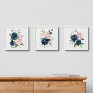Navy and Blush Watercolor Flowers, Girl Nursery Peel And Stick Photo Tile