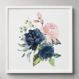Navy and Blush Watercolor Flowers, Girl Nursery Peel And Stick Photo Tile