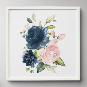 Navy and Blush Watercolor Flowers, Girl Nursery Peel And Stick Photo Tile