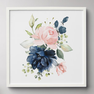 Navy and Blush Watercolor Flowers, Girl Nursery Peel And Stick Photo Tile