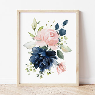 Navy and Blush Watercolor Flowers, Girl Nursery Poster