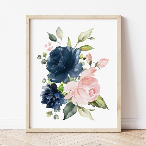 Navy and Blush Watercolor Flowers Girl Nursery Poster