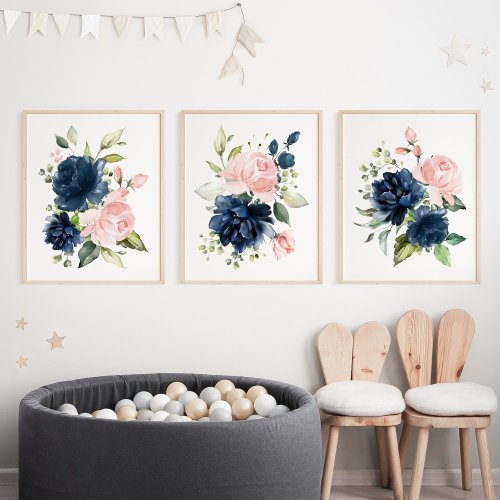 Navy and Blush Watercolor Flowers Girl Nursery Wall Art Sets