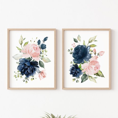 Navy and Blush Watercolor Flowers Girl Nursery Wall Art Sets