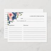 Navy and Blush Watercolor Flowers  Recipe Card (Front/Back)