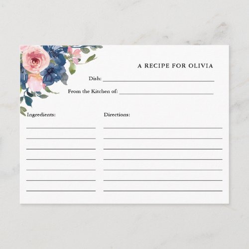 Navy and Blush Watercolor Flowers  Recipe Card