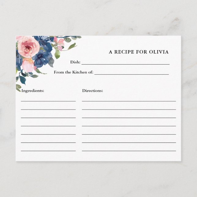 Navy and Blush Watercolor Flowers  Recipe Card (Front)