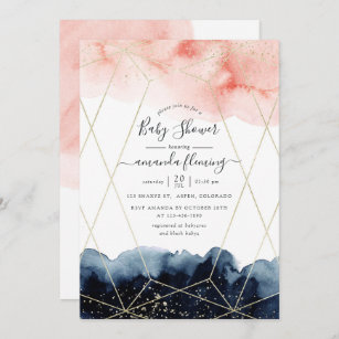 Navy and Blush Watercolor Geometric Baby Shower Invitation