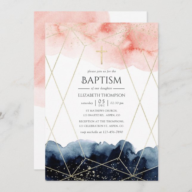 Navy and Blush Watercolor Geometric Baptism Invitation (Front/Back)