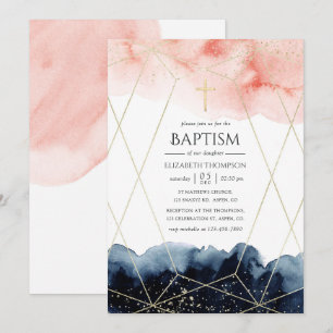 Navy and Blush Watercolor Geometric Baptism Invitation