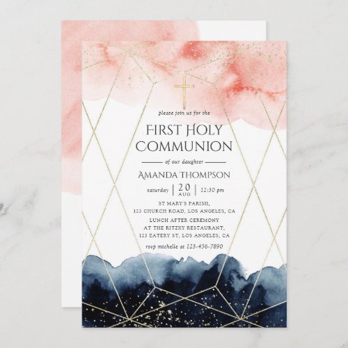 Navy and Blush Watercolor Geometric Holy Communion Invitation