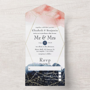 Navy and Blush Watercolor Geometric Wedding All In One Invitation