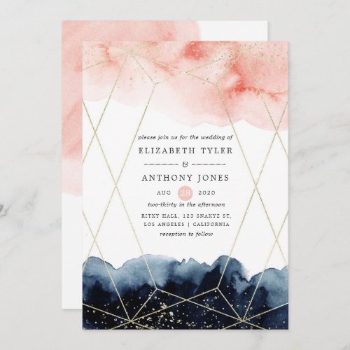 Navy and Blush Watercolor Geometric Wedding Invitation