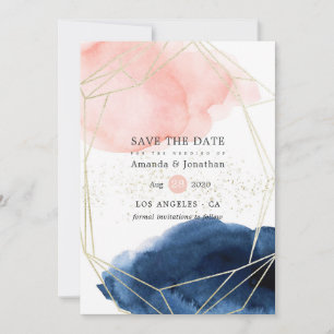 Navy and Blush Watercolor Geometric Wedding Save The Date