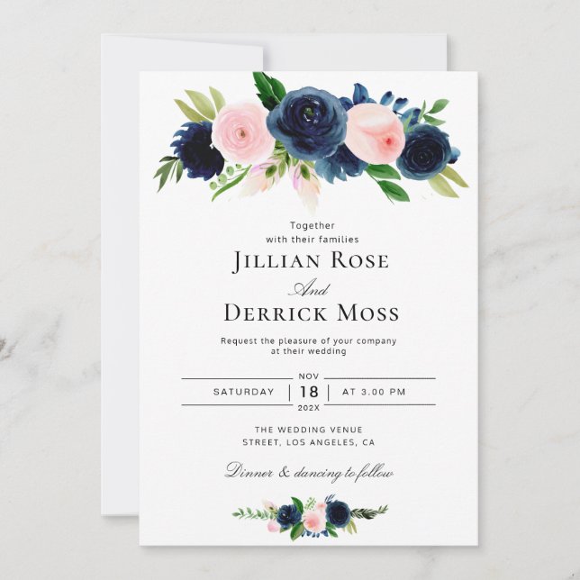 navy and blush wedding invitation (Front)