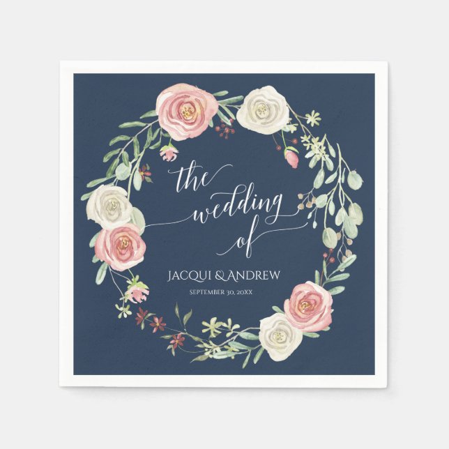 Navy and Blush Wedding Ivory White rose Eucalyptus Napkins (Front)