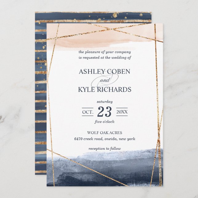 Navy and Blush with Gold Frame Wedding Invitation (Front/Back)