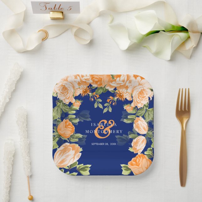 Navy and Botanical Orange Flowers Paper Plates (Wedding)