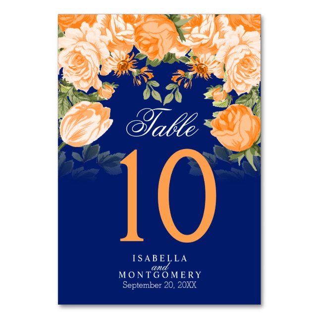 Navy and Botanical Orange Flowers | Table Cards (Front)