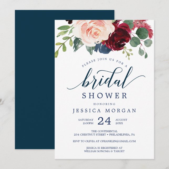 Navy and Burgundy Bridal Shower Invites (Front/Back)