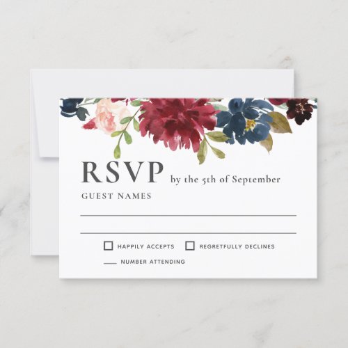 Navy and Burgundy Elegant Floral Wedding RSVP