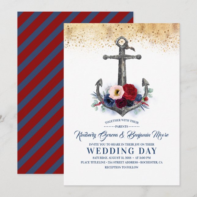 Navy and Burgundy Floral Anchor Nautical Wedding Invitation (Front/Back)