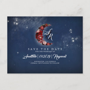 Navy and Burgundy Floral Celestial Save the Date Announcement Postcard