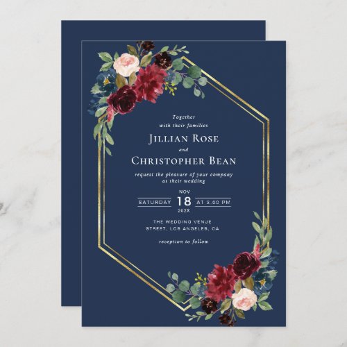 navy and burgundy floral geometric wedding invitation