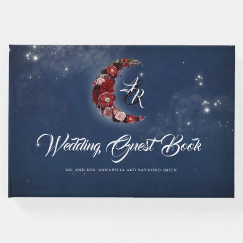 Navy and Burgundy  Floral Moon Celestial Wedding Guest Book