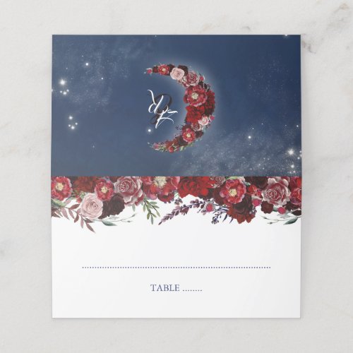 Navy and Burgundy Floral Moon Wedding Place Card