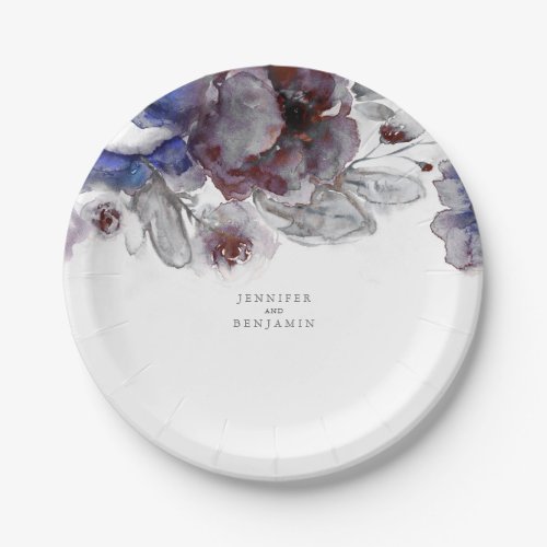 Navy and Burgundy Floral Watercolor Elegant Paper Plates - Navy, burgundy and white watercolor flowers wedding paper plates