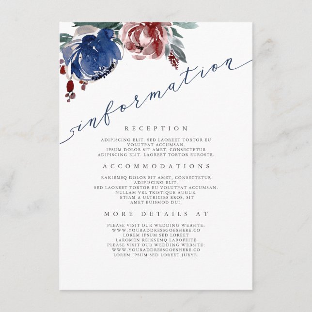Navy and Burgundy Floral Wedding Information Guest Enclosure Card (Front)
