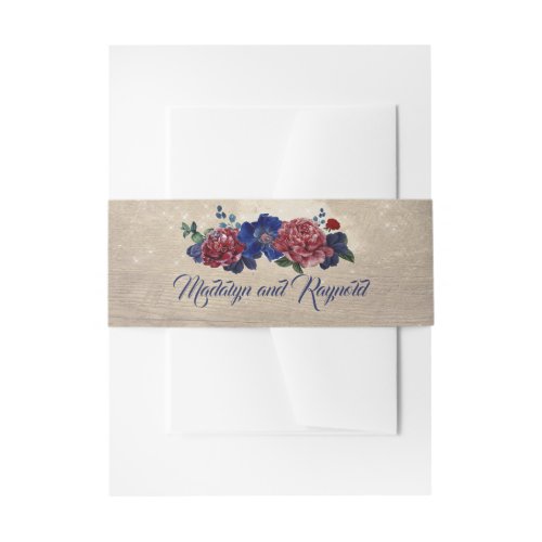 Navy and Burgundy Floral Wood Rustic Wedding Invitation Belly Band