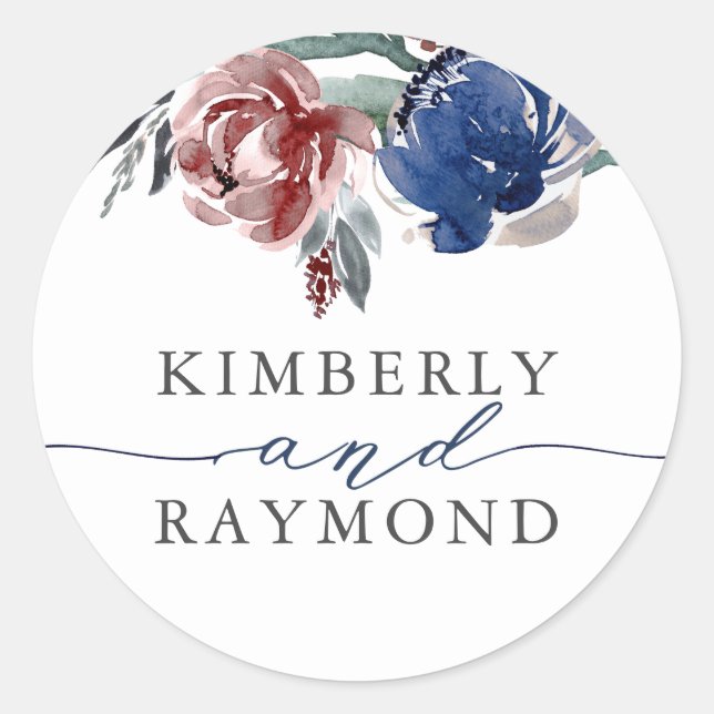 Navy and Burgundy Flowers Watercolor Classic Round Sticker (Front)