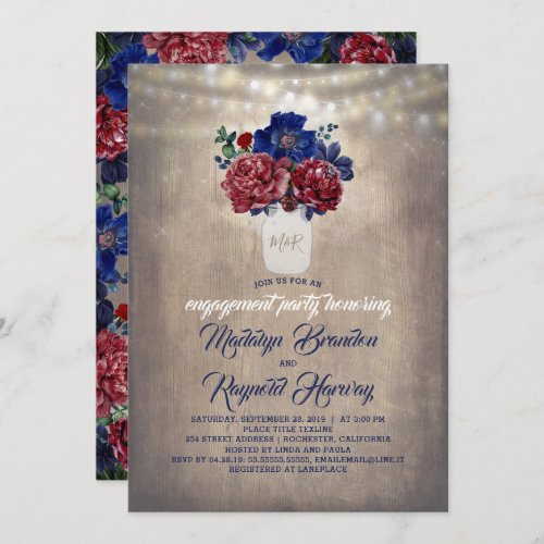 Navy and Burgundy Red Floral Rustic Engagement Invitation