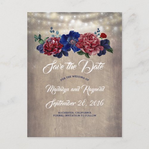 Navy and Burgundy Rustic Country Save the Date Announcement Postcard