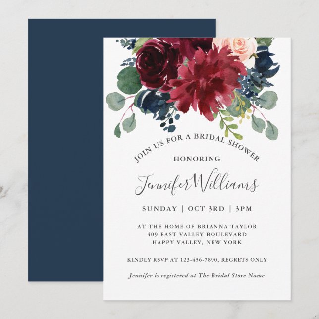 Navy and Burgundy Watercolor Floral Bridal Shower Invitation (Front/Back)